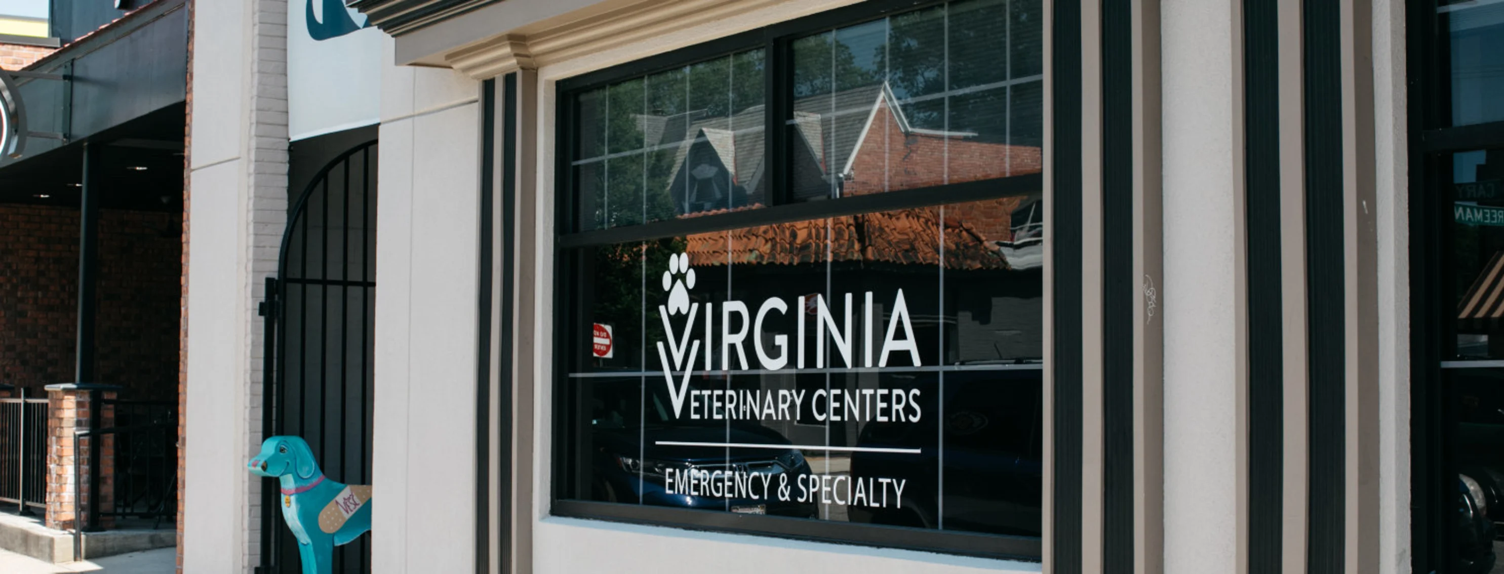Store front with window that reads Virginia Veterinary Centers Emergency & Specialty
